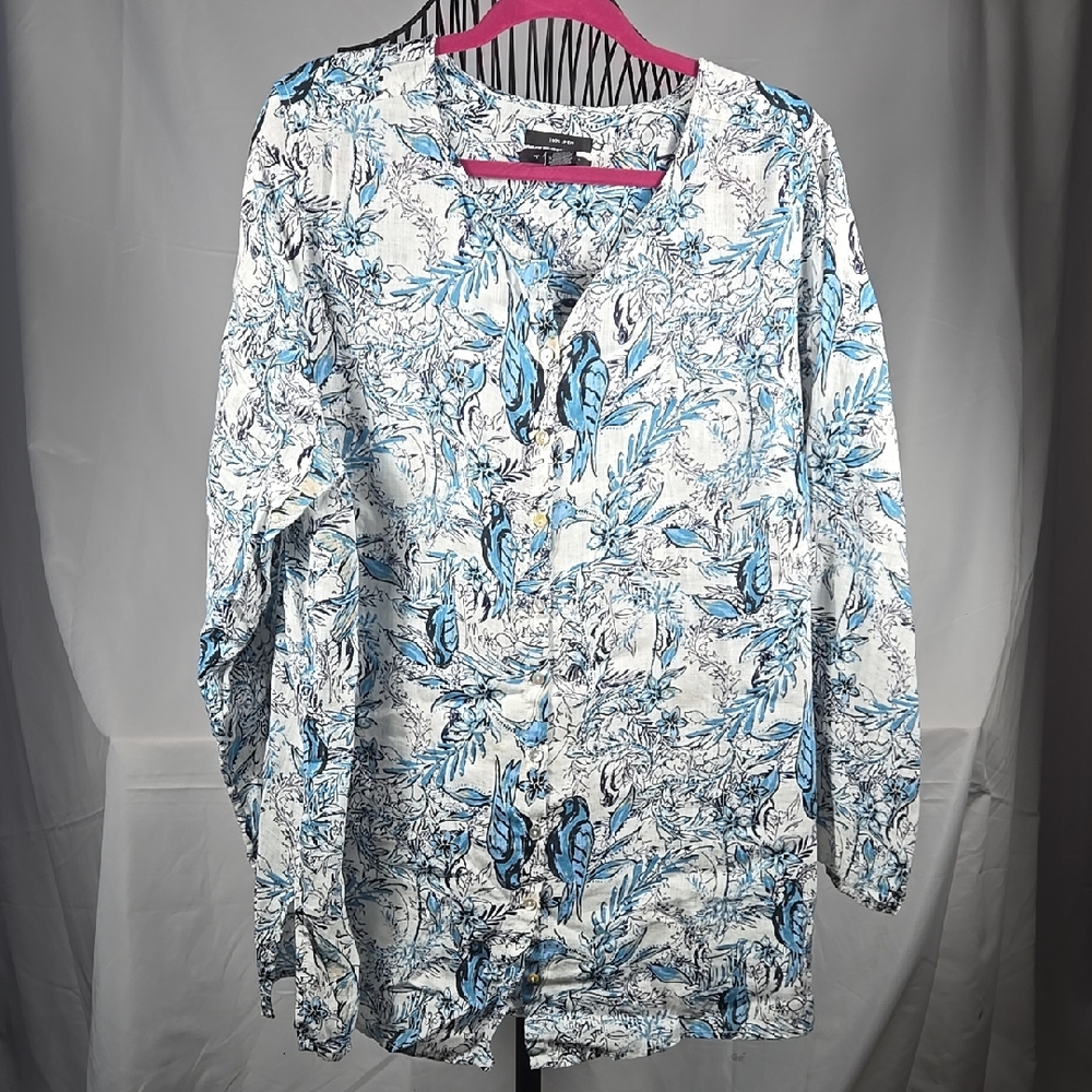Tahari Linen Blouse with Blue Floral Pattern